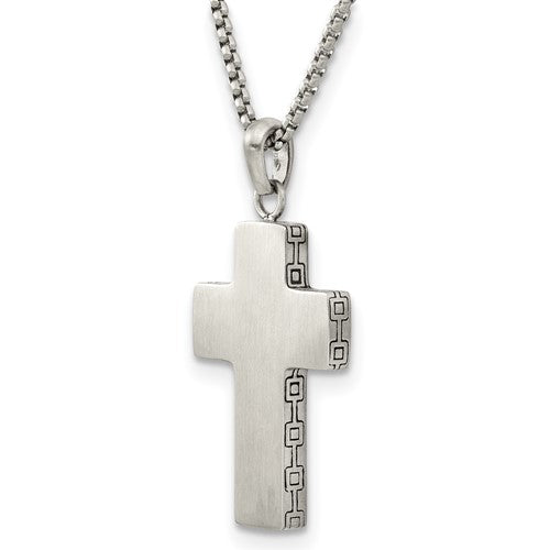 Stainless Steel Brushed Oxidized Design Edges Cross Necklace