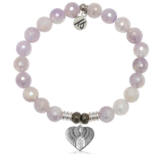 Mauve Jade Gemstone Beaded Bracelet with Heart of Angels Sterling Silver Charm