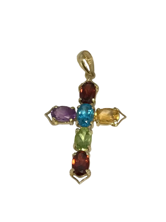 U 35053 14K Yellow Gold Multi Colored Multi Stone Cross Pendant