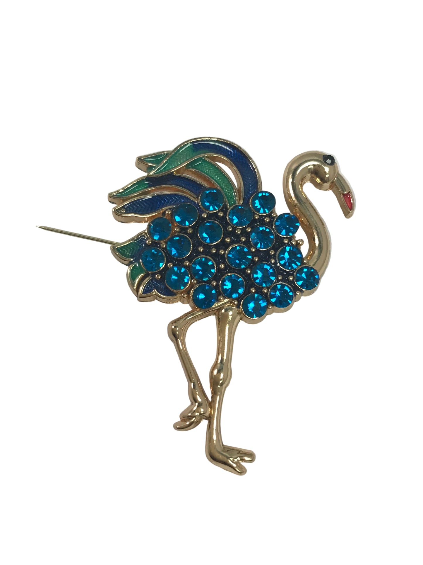 PA6084 Gold Tone Blue Stone Flamingo Brooch