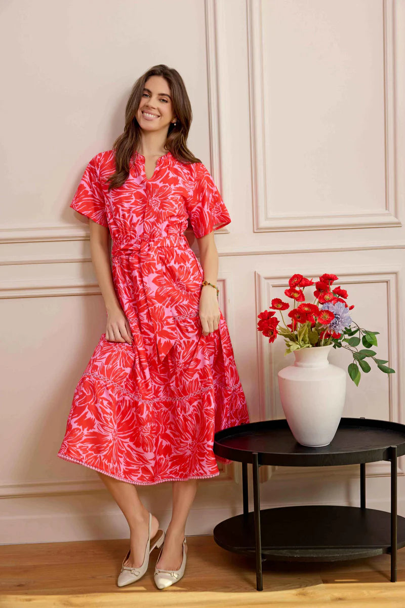 BSF-14162-D-S Myra Bohera Meadow Wave Ruffle Collared Midi Dress with Waist Tie in Ruby Red