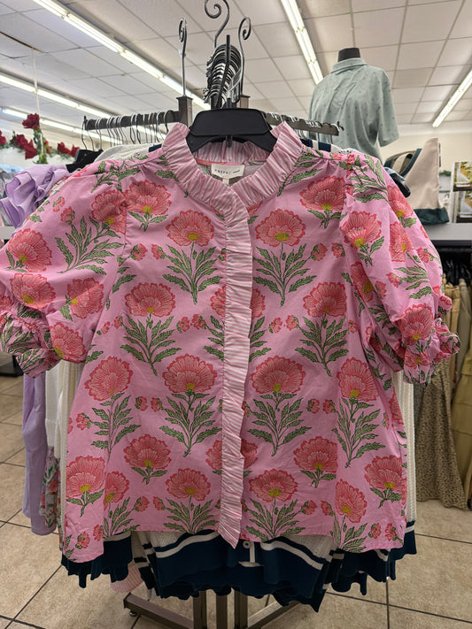 T30269 Entro Sweet Magnolia Ruffle Blouse Pink