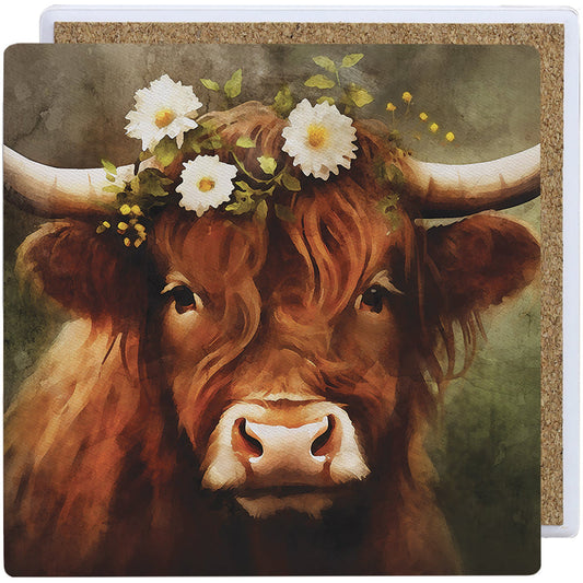 COS1041 Sincere Surroundings Floral Highland Cow Coaster