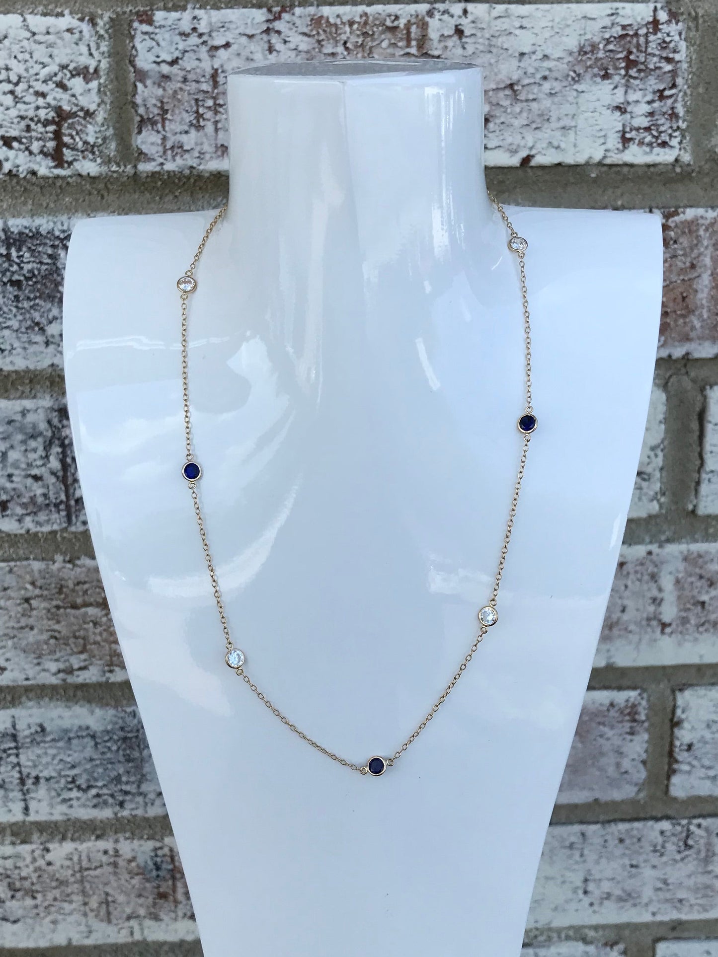 U 14K Yellow Gold Clear CZ/Blue CZ Satellite Necklace