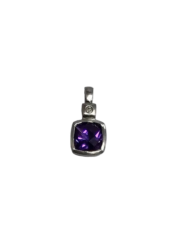 P2973W 14K White Gold Brushed Bezel Cushion Cut Purple Stone Pendant