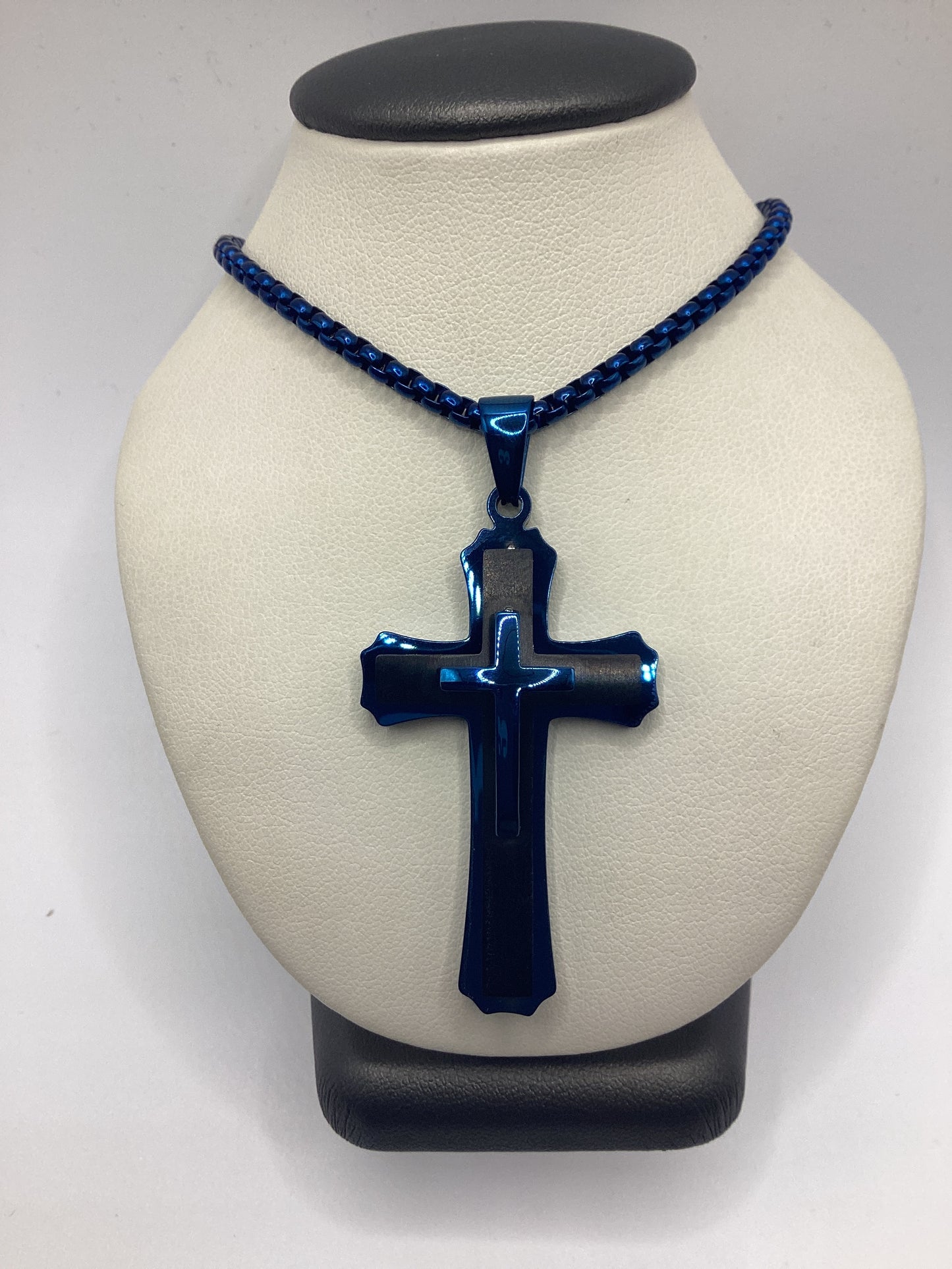 SL-7089 Stainless Black and Blue 3D Cross Necklace