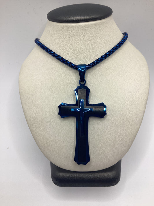 SL-7089 Stainless Black and Blue 3D Cross Necklace