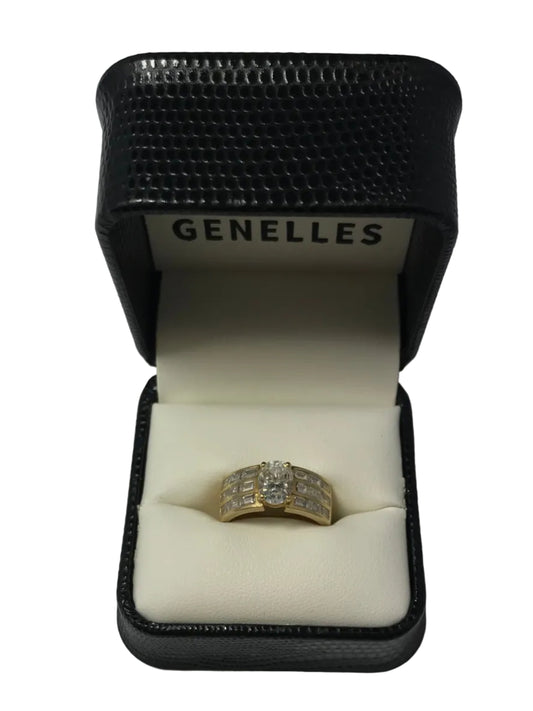 U 14K Yellow Gold CZ Oval Ring with 3 Rows of CZ Baguettes on Band