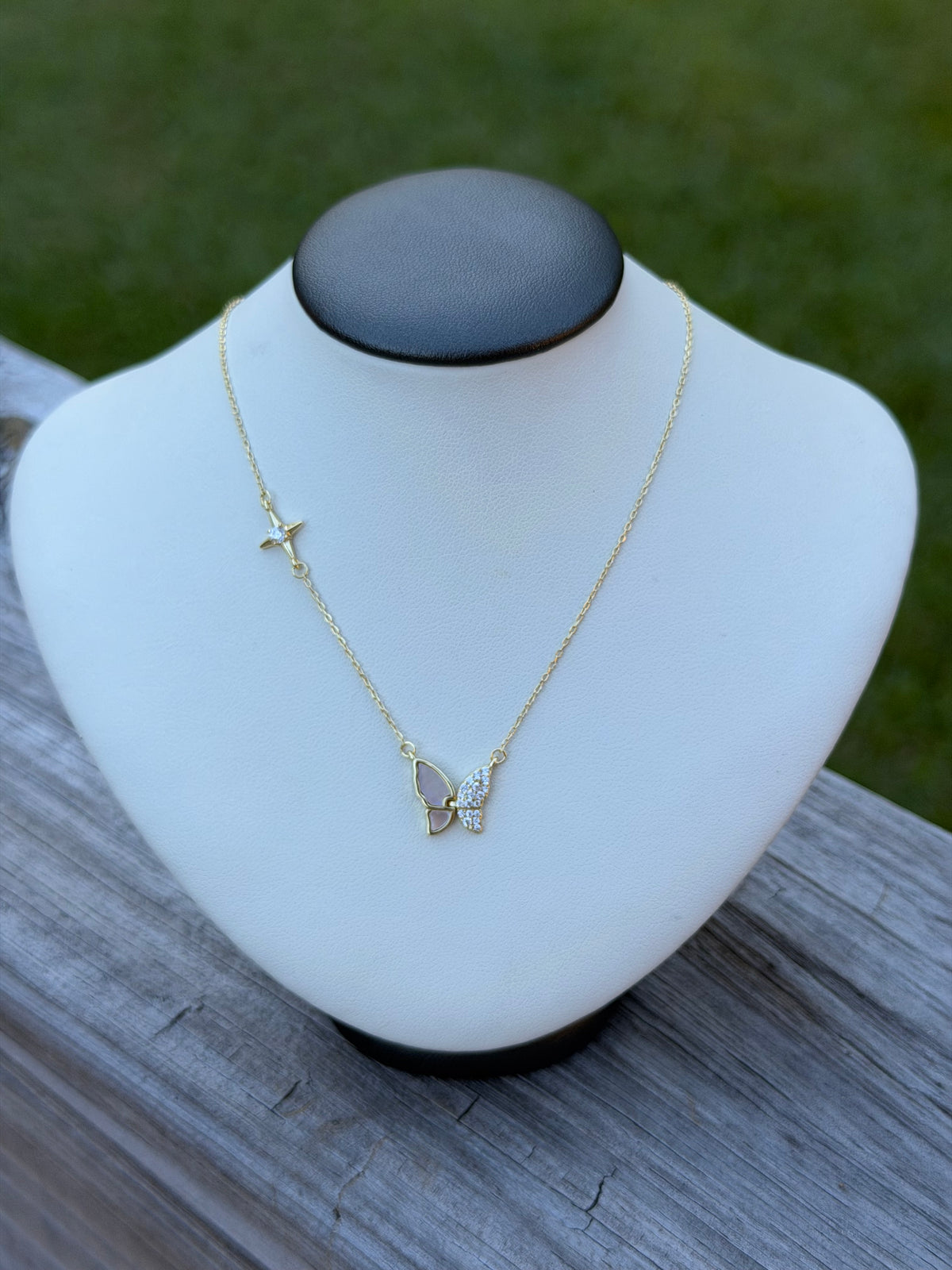 M-7790 Sterling Silver Gold Plated Mother of Pearl CZ Butterfly Necklace 16”+ 2” Long 0