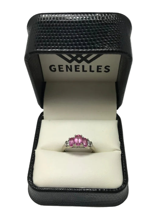 U 10K White Gold Pink Stone Ring with Diamond Accents