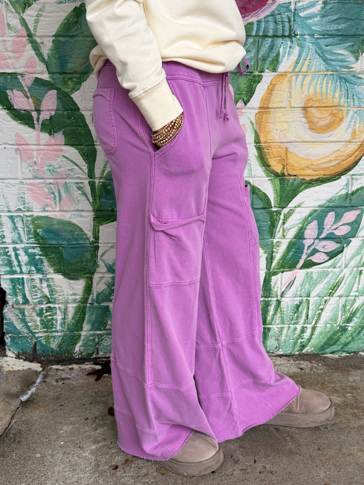 EB56989 Easel ORCHID Mineral Washed Terry Wide Leg Ginny Pant