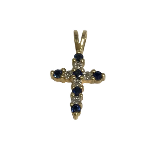 U 15188 14K Yellow Gold Blue/Clear Stone Cross Pendant