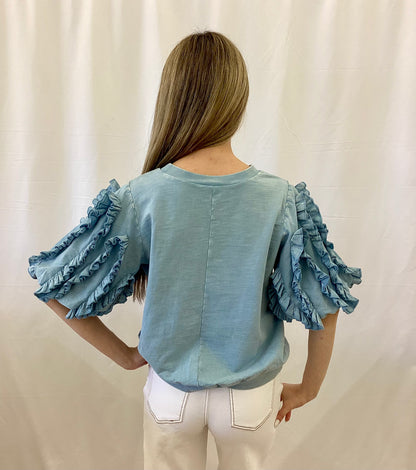 ET28355 Easel Bubble Ruffle Sleeve Top Dusty Blue