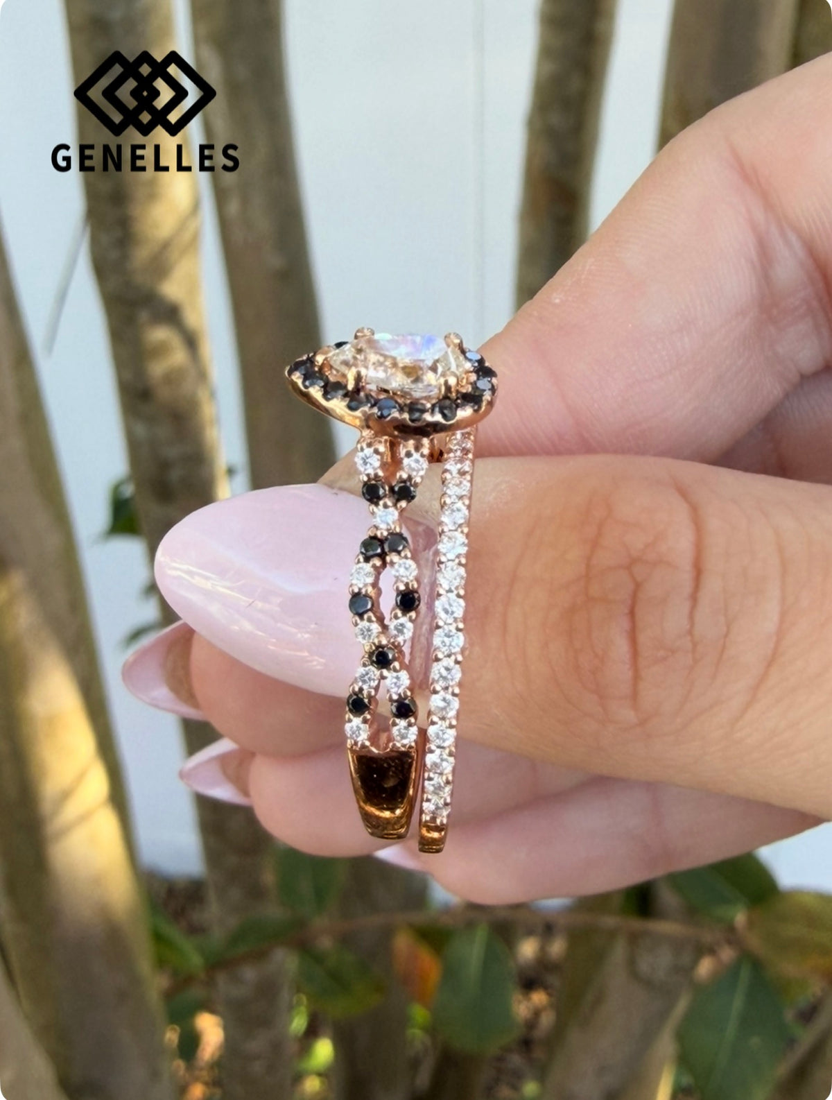 U 48063 Estate 14K Rose Gold Black and Natural Diamonds Wedding Set .50C .30S .20B
