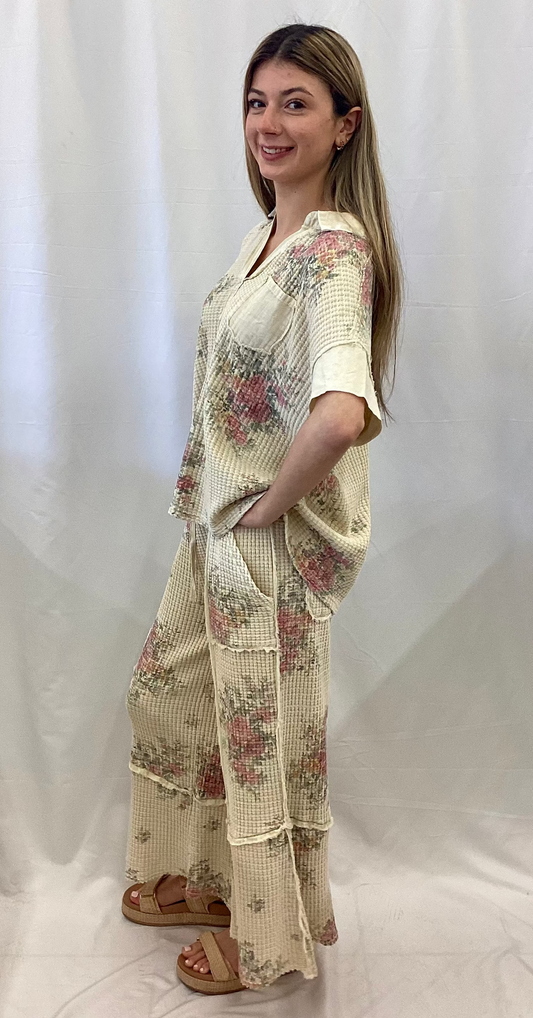 EB90221 Easel Natural Floral Print Wash Waffle Pant