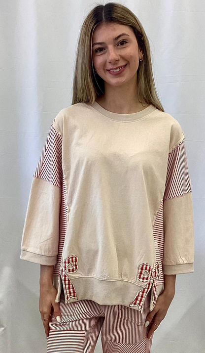 ET29016 Easel Natural 3/4Sleeve Bow Patch Top