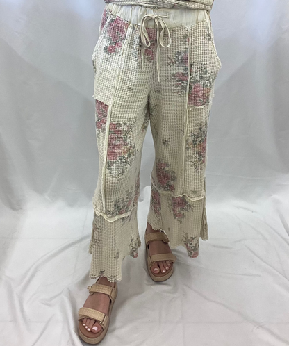 EB90221 Easel Natural Floral Print Wash Waffle Pant
