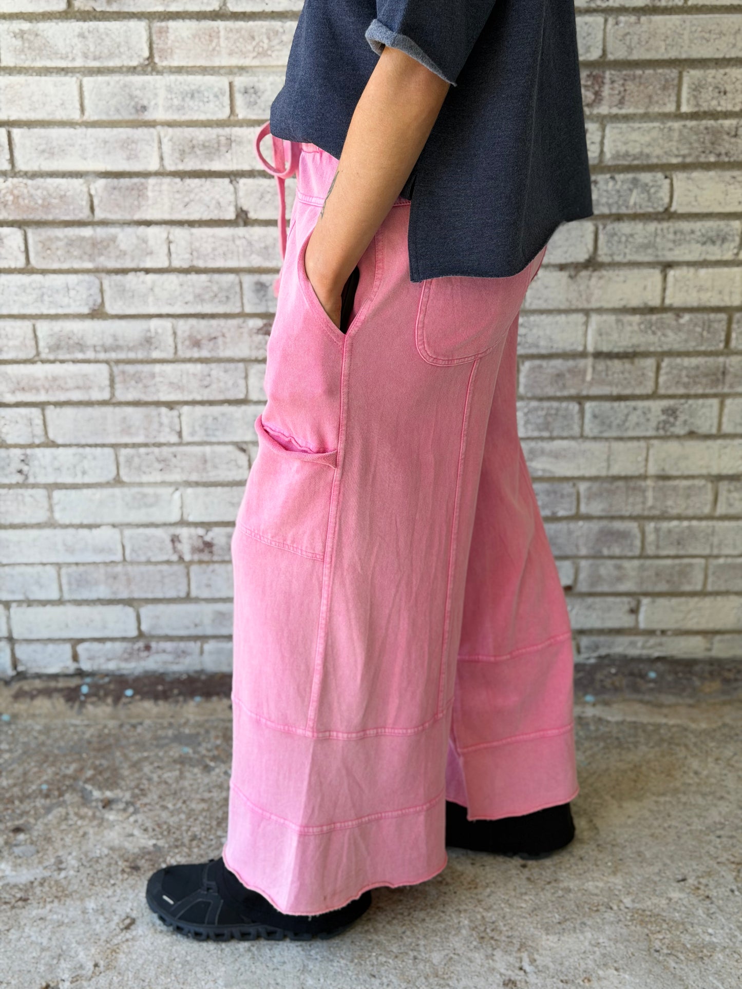 EB41308 Easel Barbie Pink Wide Washed Terry Wide Leg Ginny Pant