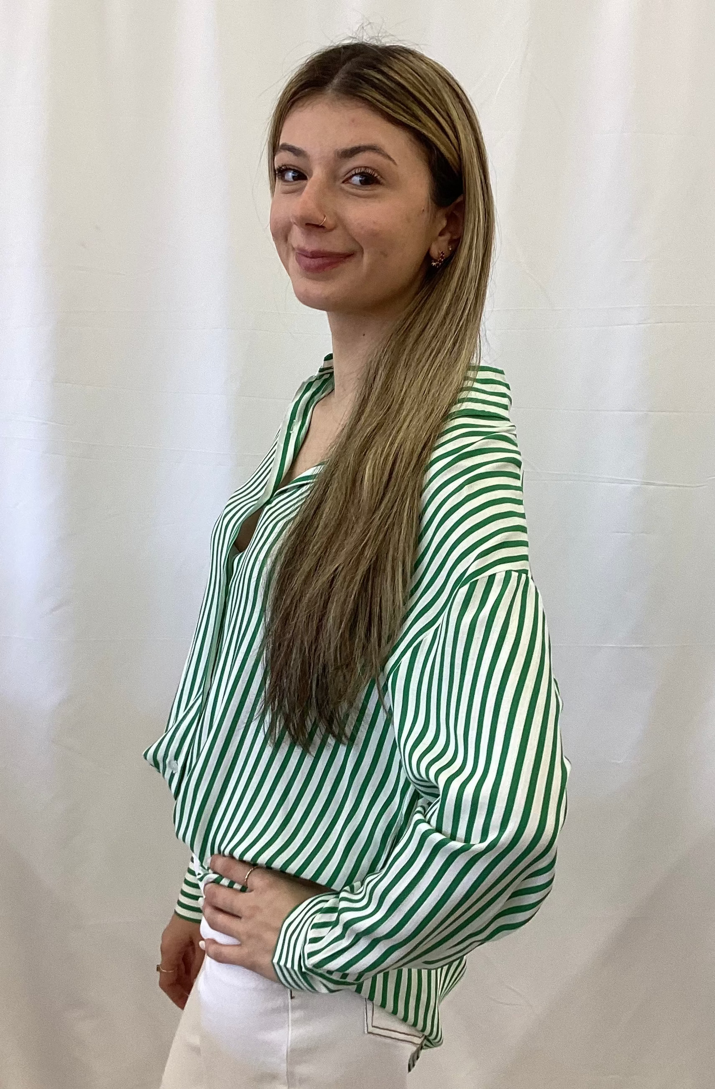 7660B-GN Grace & Emma Kathryn Button Up Green Stripe Shirt