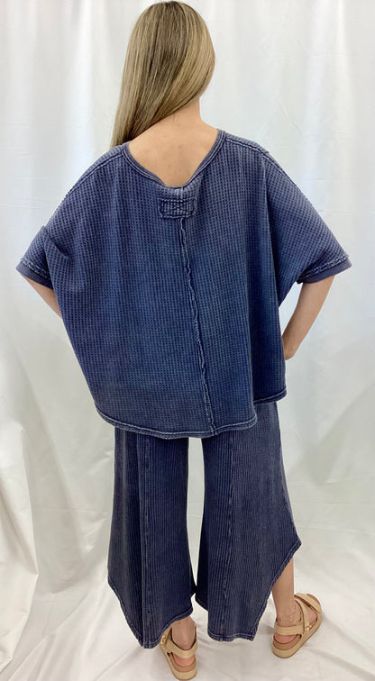 ET27947 Easel Midnight Blue 3/4 Sleeve Crochet Patch Top
