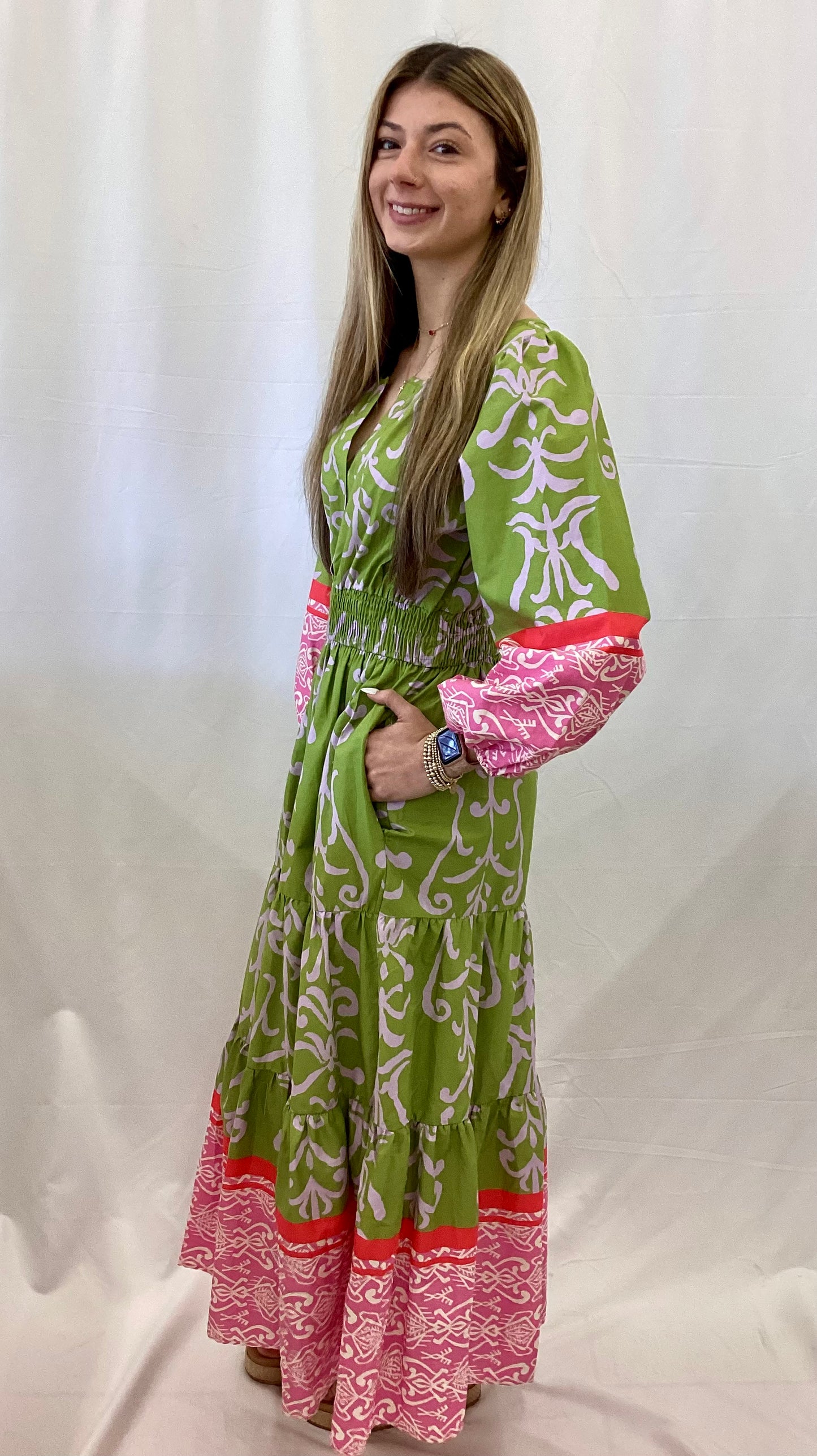 ED28785 Easel Green Bean Colored 3/4 Sleeve Print Dress