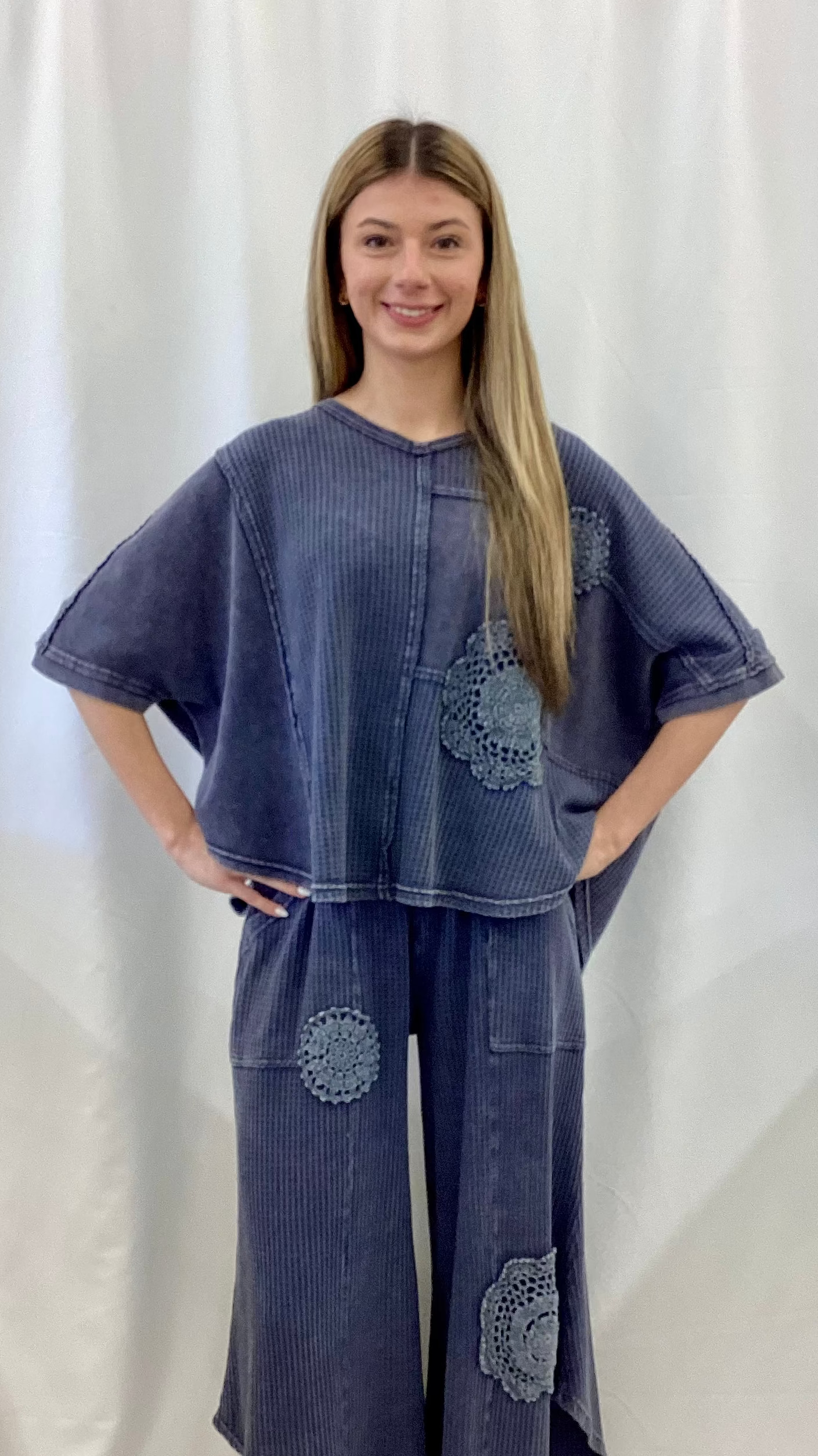 ET27947 Easel Midnight Blue 3/4 Sleeve Crochet Patch Top