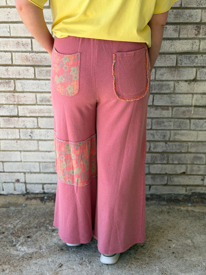 EB90151 Easel Boho Red Flower Print Wide Leg Ginny Pant