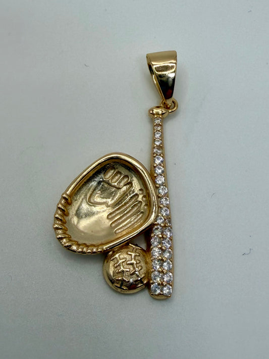 Gold Plated Sterling Silver CZ Bat, Glove, Baseball Pendant