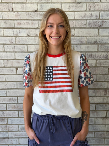 7877B-UF Emma & Grace White Sequin American Flag Top