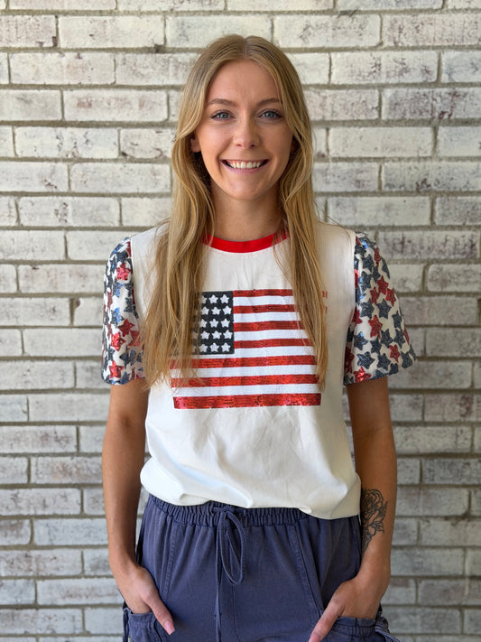 7877B-UF Emma & Grace White Sequin American Flag Top