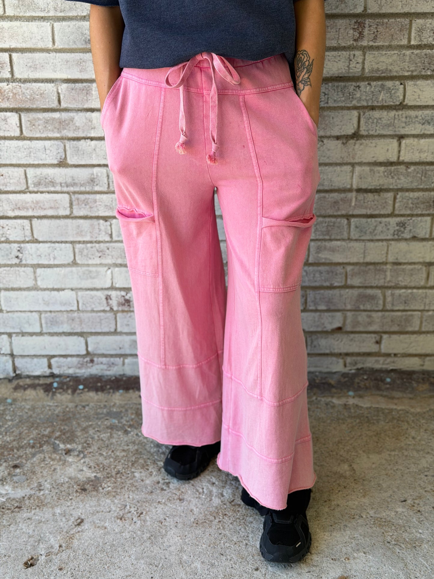 EB41308 Easel Barbie Pink Wide Washed Terry Wide Leg Ginny Pant