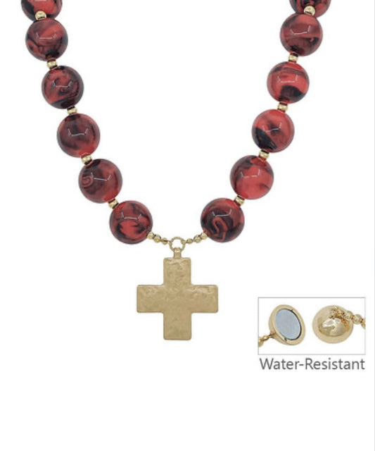 NN88378-005 Fashion Jewelry 20mm Beads and Cross Charm Necklace Burgundy 0