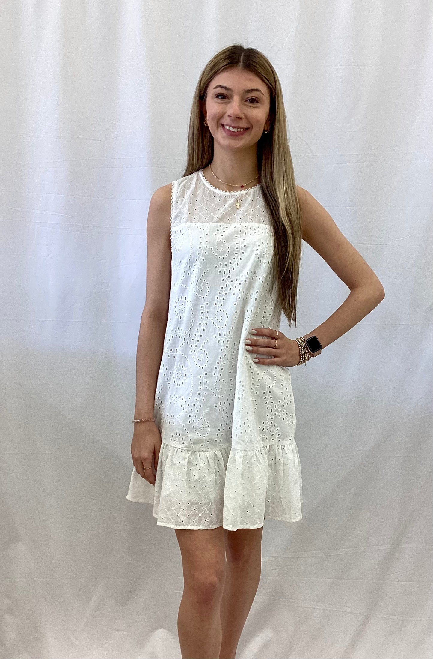PP-0126-DRS-SUN-WHITE Simply Southern Sleeveless Eyelet Ruffled White Dress