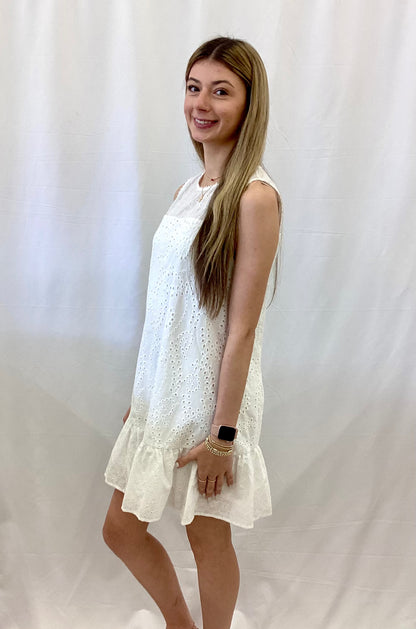 PP-0126-DRS-SUN-WHITE Simply Southern Sleeveless Eyelet Ruffled White Dress