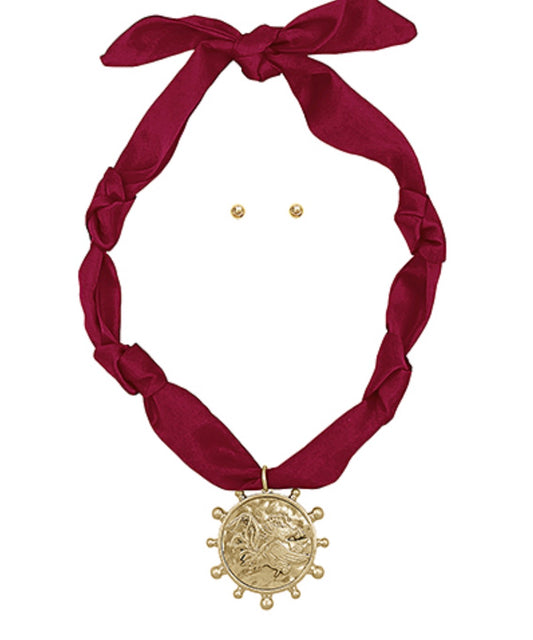 NE83656-001 Gamecock Gameday Pendant Scarf Necklace Burgundy and Gold 0