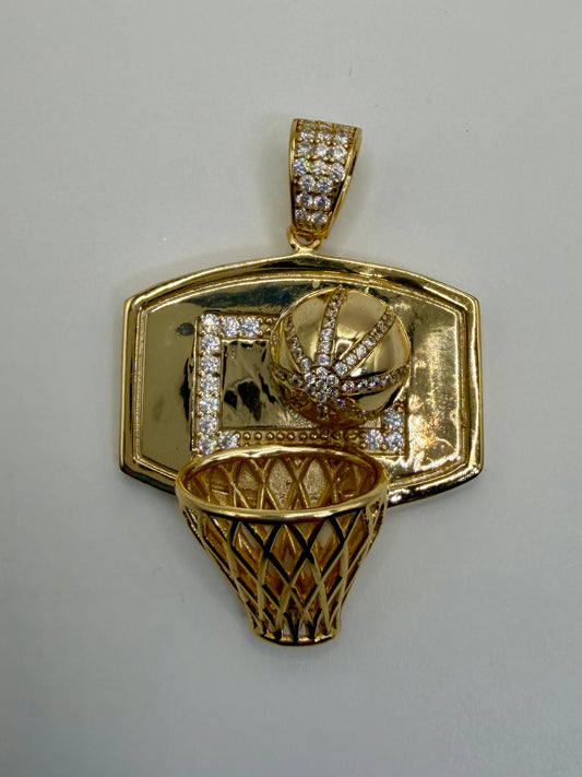 Gold Plated Sterling Silver CZ Basketball Hoop Pendant