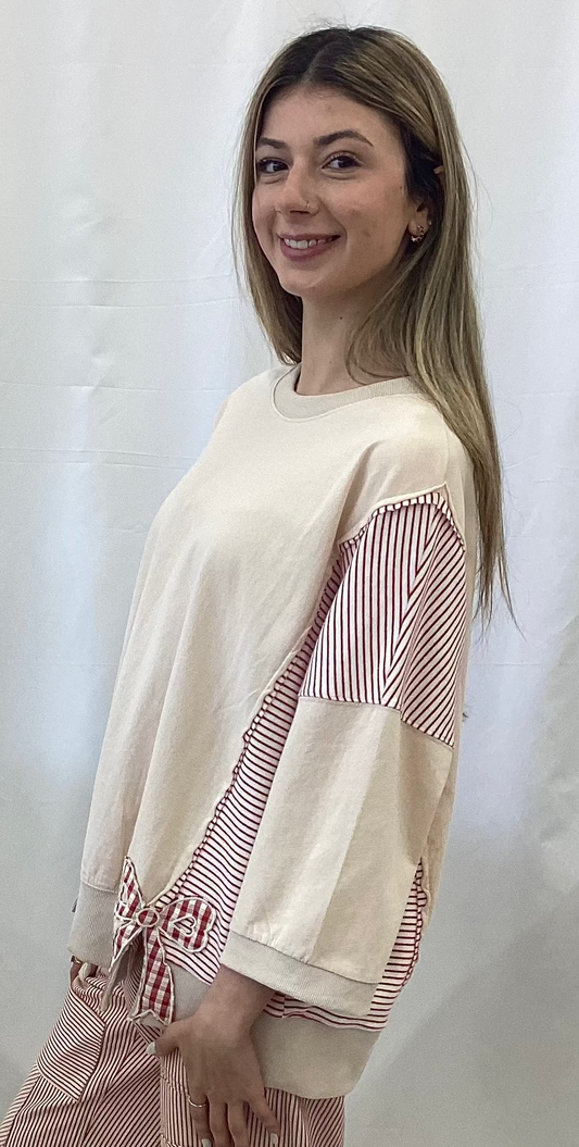 ET29016 Easel Natural 3/4Sleeve Bow Patch Top
