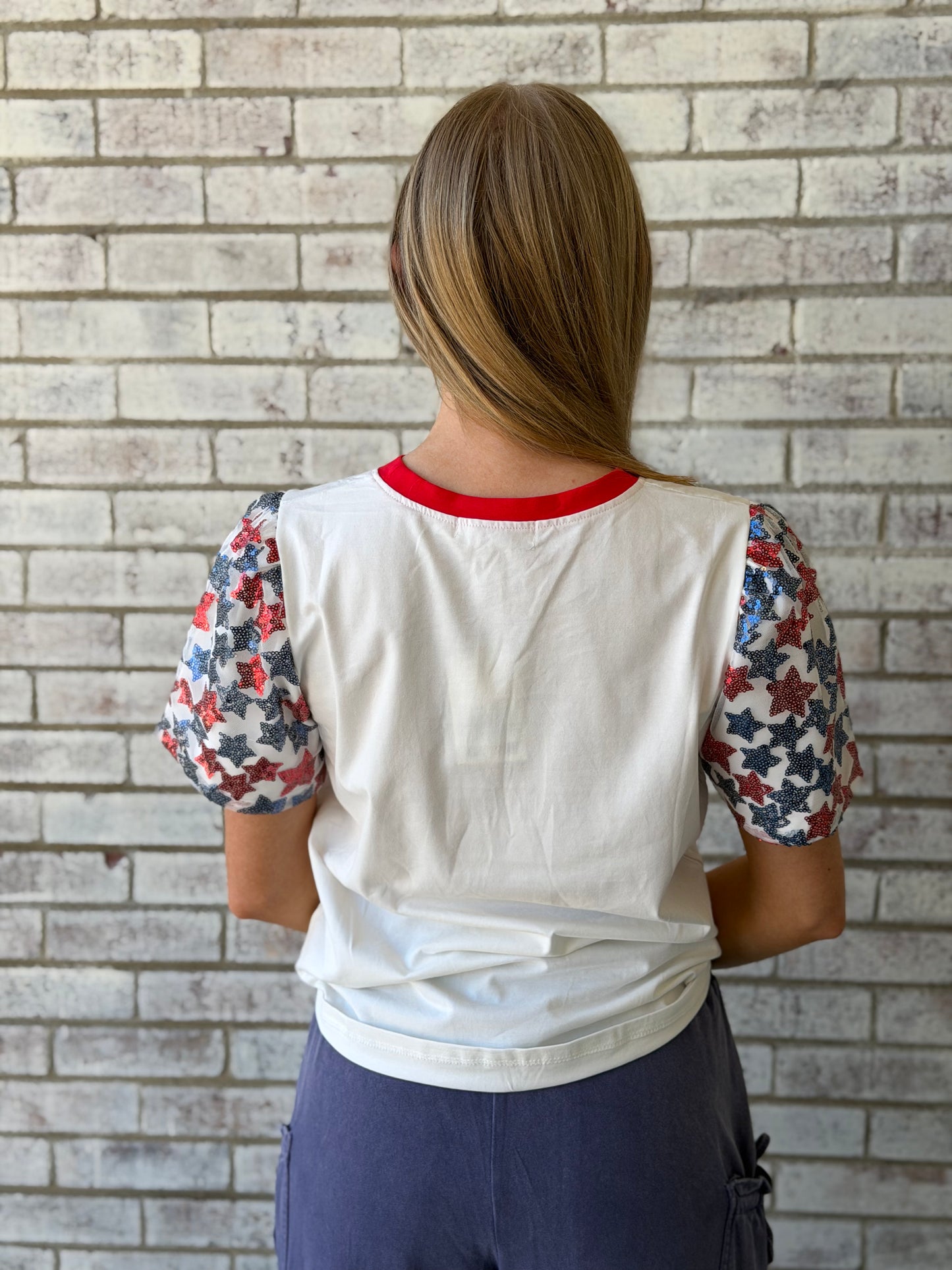 7877B-UF Emma & Grace White Sequin American Flag Top