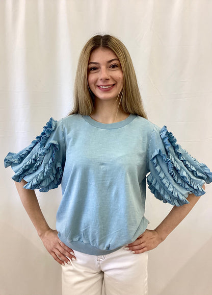 ET28355 Easel Bubble Ruffle Sleeve Top Dusty Blue