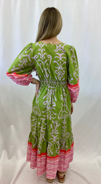 ED28785 Easel Green Bean Colored 3/4 Sleeve Print Dress
