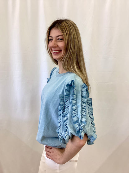 ET28355 Easel Bubble Ruffle Sleeve Top Dusty Blue