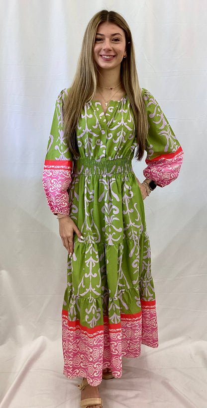 ED28785 Easel Green Bean Colored 3/4 Sleeve Print Dress