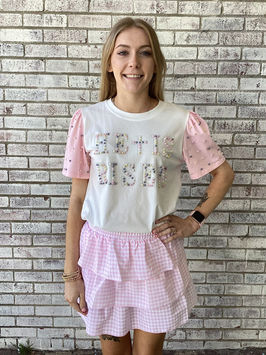 7877B-HR Grace & Emma He Is Risen Pearl White Top