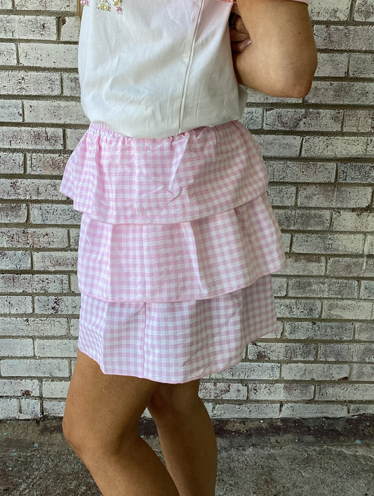 9147L Grace & Emma Gingham Ruffle Pink Skort