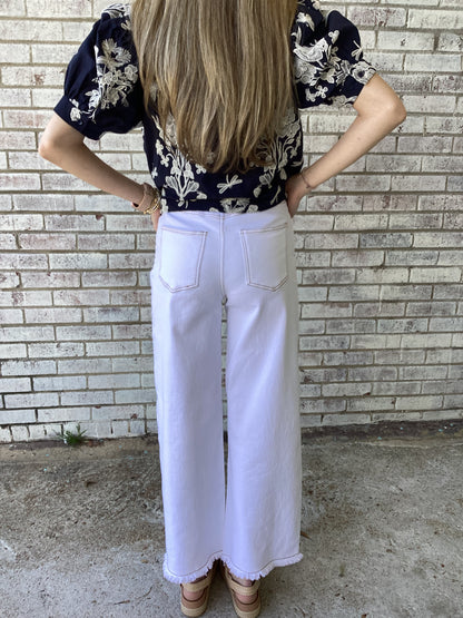 EB57006 Easel White Fray Bottom Denim Pant