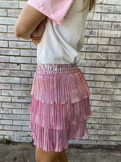 9117L-PK Grace & Emma Shimmer Ruffle Skirt with Shorts in Pink