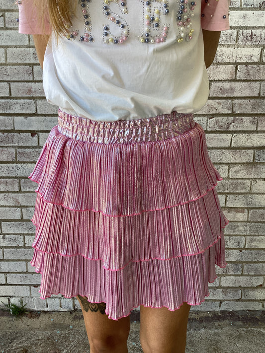 9117L-PK Grace & Emma Shimmer Ruffle Skirt with Shorts in Pink