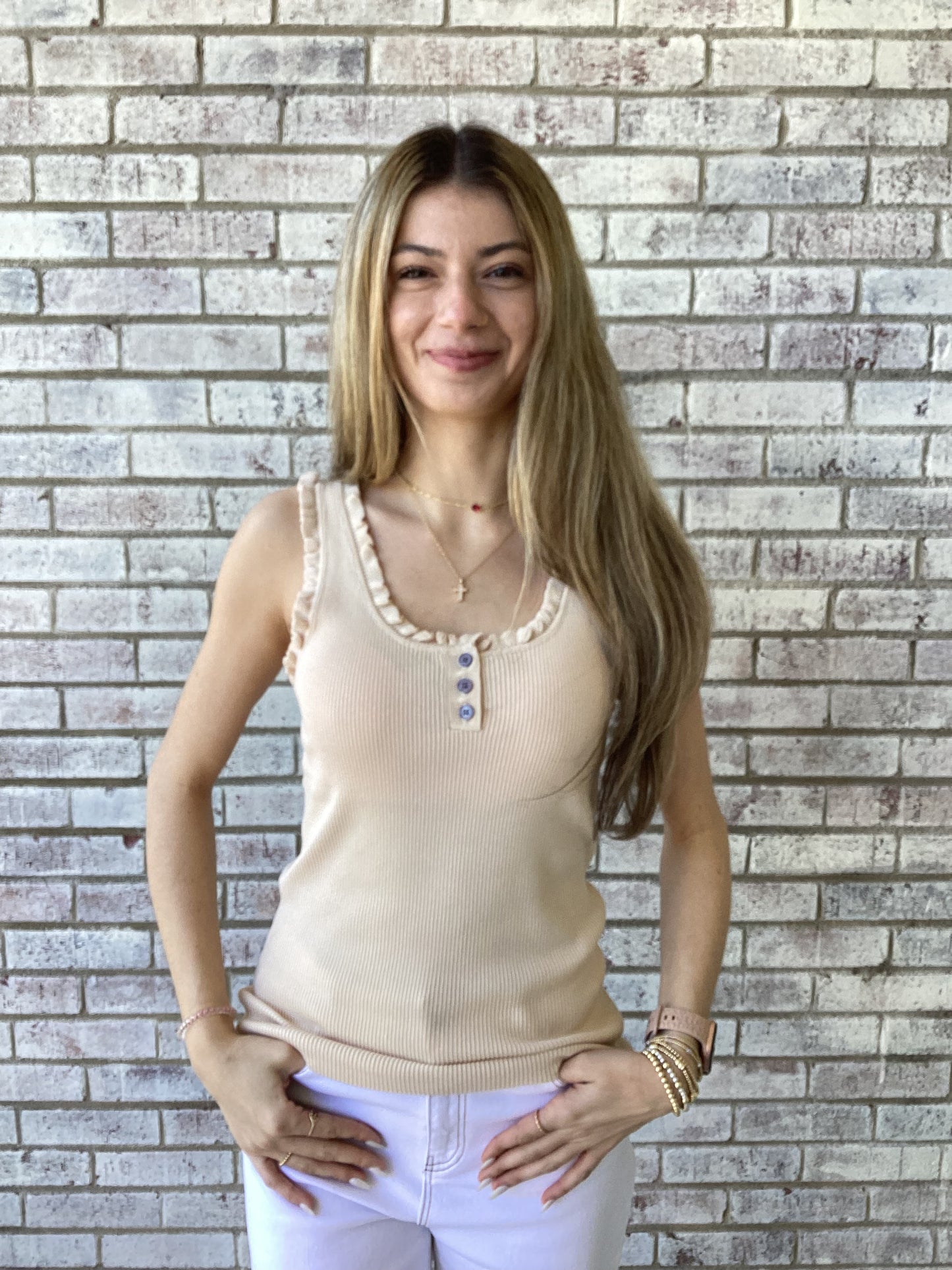 ET71802 Easel Natural Ruffle Hem Knit Sweater Tank