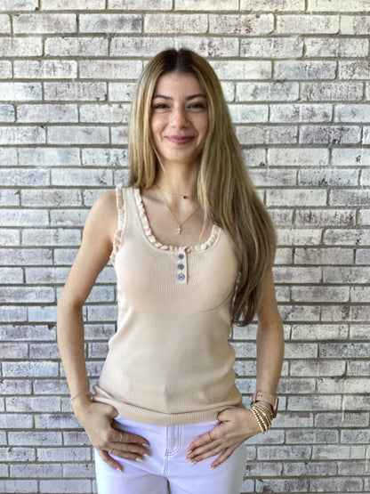 ET71802 Easel Natural Ruffle Hem Knit Sweater Tank