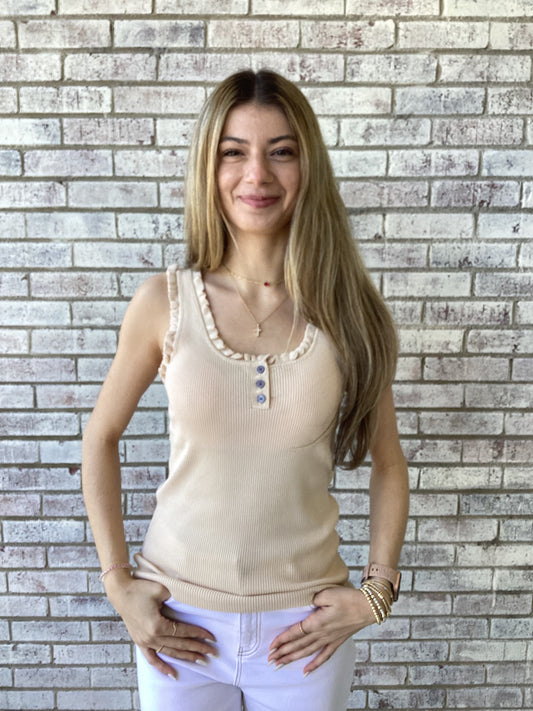 ET71802 Easel Natural Ruffle Hem Knit Sweater Tank